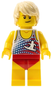 LEGO Male with Tan Hair, Tank Top with White Surfer Logo, Red Swimsuit (Ludo Yellow) minifigure