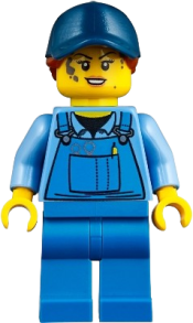 LEGO Mechanic Female with Dark Blue Cap, Dark Orange Ponytail, Medium Blue Shirt and Blue Overalls, No Back Print minifigure