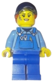 LEGO Mechanic Female with Dark Blue Cap, Dark Orange Ponytail, Medium Blue Shirt and Blue Overalls, with Back Print minifigure