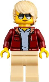 LEGO Woman, Dark Red Jacket with Bright Light Blue Shirt, Tan Legs, Tan Tousled Hair, Sunglasses minifigure