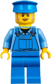 LEGO Mechanic Male with Blue Hat, Dark Tan Moustache and Sideburns, Medium Blue Shirt, and Blue Overalls, No Back Print minifigure