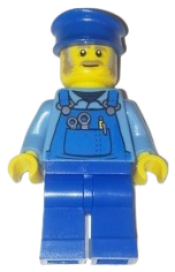 LEGO Mechanic Male with Blue Hat, Dark Tan Moustache and Sideburns, Medium Blue Shirt, and Blue Overalls, with Back Print minifigure