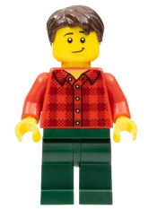 LEGO Man with Red Flannel Shirt, Dark Green Pants and, Dark Brown Hair minifigure