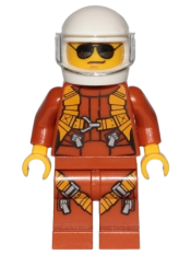 LEGO Pilot - Dark Orange Jumpsuit, Dark Orange Legs with Straps, White Helmet, Trans-Clear Visor, Black and Silver Sunglasses minifigure