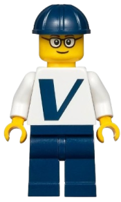 LEGO Male with Vestas Logo on Torso, Dark Blue Legs, Dark Blue Construction Helmet, Glasses minifigure