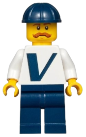 LEGO Male with Vestas Logo on Torso, Dark Blue Legs, Dark Blue Construction Helmet, Moustache minifigure