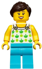 LEGO Female, White Top with Green Apples and Lime Dots, Medium Azure Legs, Dark Brown Ponytail and Swept Sideways Fringe minifigure