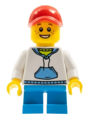 LEGO Child Boy with White Hoodie with Blue Pockets, Dark Azure Short Legs, Red Short Bill Cap minifigure