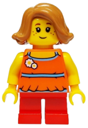 LEGO Child Girl with Medium Nougat Short Swept Sideways Hair and Red Short Legs, Covered Back minifigure