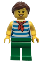 LEGO Female with Reddish Brown Ponytail and Swept Sideways Fringe Hair, Red Scarf, Blue Striped Shirt and Green Pants minifigure