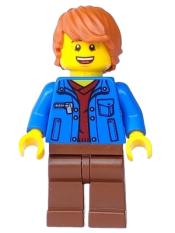 LEGO Male with Blue Jacket over Dark Red V-Neck Sweater and Reddish Brown Legs minifigure