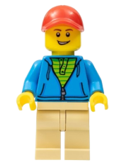 LEGO Man, Dark Azure Hoodie with Green Striped Shirt, Tan Legs, Red Cap minifigure