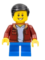 LEGO Child Boy, Dark Red Jacket with Bright Light Blue Shirt, Blue Short Legs, Dark Brown Smooth Hair minifigure