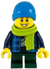 LEGO Child Boy, Dark Azure Beanie, Lime Scarf, Banana Shirt, Dark Green Legs minifigure