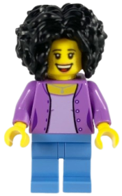LEGO Female, Bushy Black Hair, Medium Lavender Jacket on Lavender Shirt, Medium Blue Legs minifigure