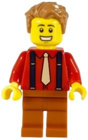 LEGO Male, Medium Nougat Hair, Red Shirt, Tan Tie, Dark Blue Suspenders, Dark Orange Legs minifigure