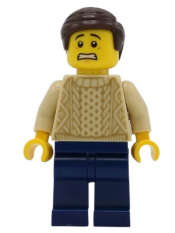 LEGO Male with Tan Knit Sweater, Dark Blue Legs and Dark Brown Hair minifigure