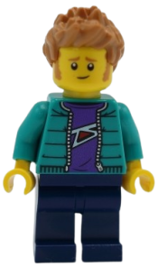 LEGO Male with Purple Shirt, Dark Turquoise Jacket, Dark Blue Legs and Medium Nougat Hair minifigure