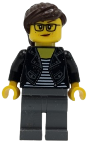 LEGO Female with Striped Black and White Shirt, Black Jacket, Dark Bluish Gray Legs, Dark Brown Hair minifigure
