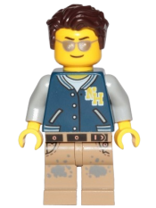 LEGO Male Driver with Dark Blue Jacket, Dark Tan Legs with Dark Bluish Gray Splotches, Dark Brown Hair minifigure