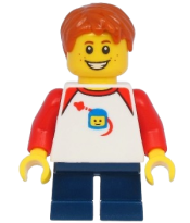 LEGO Boy with Classic Space Shirt with Red Sleeves, Dark Blue Short Legs, Dark Orange Hair minifigure