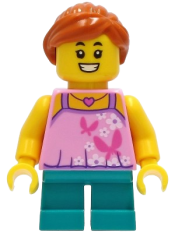 LEGO Tourist - Girl, Bright Pink Top with Butterflies and Flowers, Dark Turquoise Short Legs, Dark Orange Hair minifigure