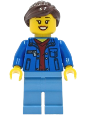 LEGO Woman - Blue Jacket over Dark Red V-Neck Sweater, Medium Blue Legs, Dark Brown Hair minifigure