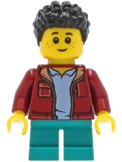 LEGO Child Boy, Dark Red Jacket with Bright Light Blue Shirt, Dark Turquoise Short Legs, Black Short Coiled Hair minifigure