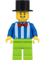 LEGO Fairground Worker - Male, White Stripes and Red Bow Tie, Lime Legs, Black Top Hat minifigure