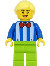 LEGO Fairground Worker - Female, White Stripes and Red Bow Tie, Lime Legs, Bright Light Yellow Hair minifigure