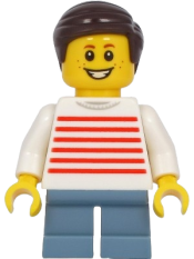 LEGO Boy - White Sweater with Red Horizontal Stripes, Sand Blue Short Legs, Dark Brown Hair minifigure