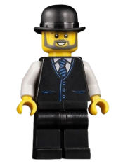 LEGO Accountant - Male, Black Vest with Blue Striped Tie, Black Legs, Black Bowler Hat, Beard minifigure
