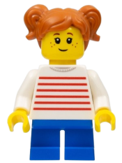 LEGO Girl with Dark Orange Two Pigtails Hair, White Sweater with Red Horizontal Stripes, Blue Short Legs minifigure