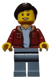 LEGO Woman, Dark Red Jacket with Bright Light Blue Shirt, Sand Blue Legs, Dark Brown Hair minifigure