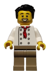 LEGO Chef - White Torso with 8 Buttons, No Wrinkles Front or Back, Dark Tan Legs, Black Hair minifigure