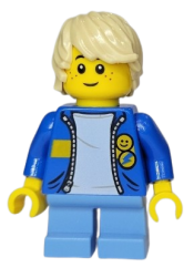 LEGO Child Boy, Blue Jacket with Bright Light Blue Shirt, Medium Blue Short Legs, Tan Tousled Hair minifigure