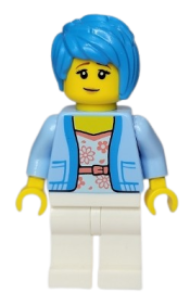 LEGO Woman, Bright Light Blue Jacket with Coral Floral Shirt, White Legs, Dark Azure Tousled Hair minifigure