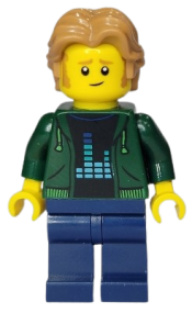 LEGO Man, Dark Green Hoodie with Bright Green Drawstrings, Dark Blue Legs, Medium Nougat Wavy Hair minifigure