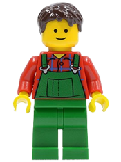 LEGO Overalls Farmer Green, Dark Brown Short Tousled Hair, Standard Grin minifigure