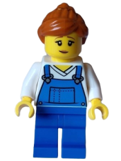 LEGO Mover - Female, Blue Overalls over V-Neck Shirt, Blue Legs, Dark Orange Ponytail minifigure