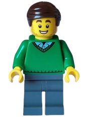 LEGO Mover - Male, Green V-Neck Sweater, Dark Bluish Gray Legs, Dark Brown Hair minifigure