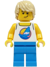LEGO Beach Tourist - Male, White Tank Top with Dark Azure Sailboat, Dark Azure Legs, Tan Hair minifigure