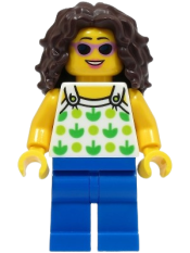 LEGO Beach Tourist - Female, White Top with Green Apples and Lime Dots, Blue Legs, Dark Brown Hair minifigure