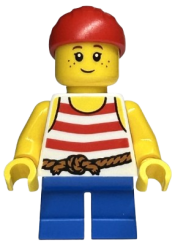 LEGO Child - Girl, Pirate Costume, White Tank Top with Red Stripes, Blue Short Legs, Red Bandana minifigure