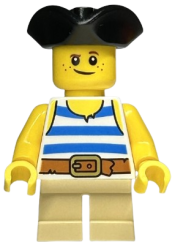 LEGO Child - Boy, Pirate Costume, White Tank Top with Blue Stripes, Tan Short Legs, Black Tricorne Hat minifigure