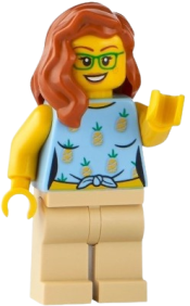 LEGO Land Rover Classic Defender Driver - Female, Bright Light Blue Knotted Top with Pineapples, Tan Legs, Dark Orange Hair, Green Glasses minifigure
