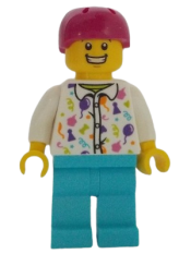 LEGO Man - White Party Shirt, Medium Azure Legs, Magenta Helmet minifigure