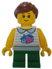 LEGO Girl - White Fruit Shirt, Green Short Legs, Reddish Brown Hair, Freckles minifigure