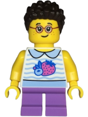 LEGO Child - Girl, White Collared Shirt with Fruit, Medium Lavender Short Legs, Dark Brown Short Coiled Hair, Glasses, Freckles minifigure