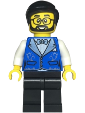 LEGO Hotel Receptionist - Male, Blue Vest with Metallic Light Blue Lapels, Black Legs, Black Hair, Beard and Glasses minifigure